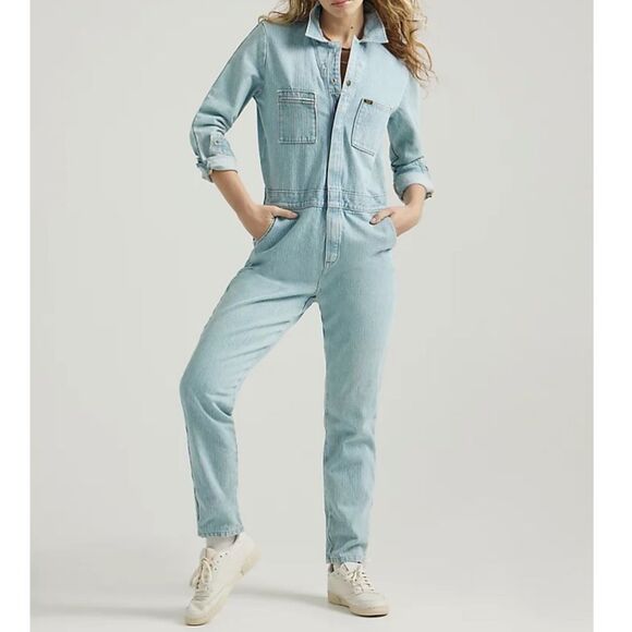 NWT Free People Lee Union-Alls Jean Jumpsuit Vibrant Blue Stripe - Picture 1 of 10